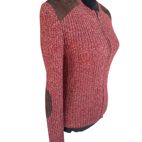 Halogen Large Brown & Red Leather Trimmed Zip Long Sleeve Cardigan - Picture 7 of 9